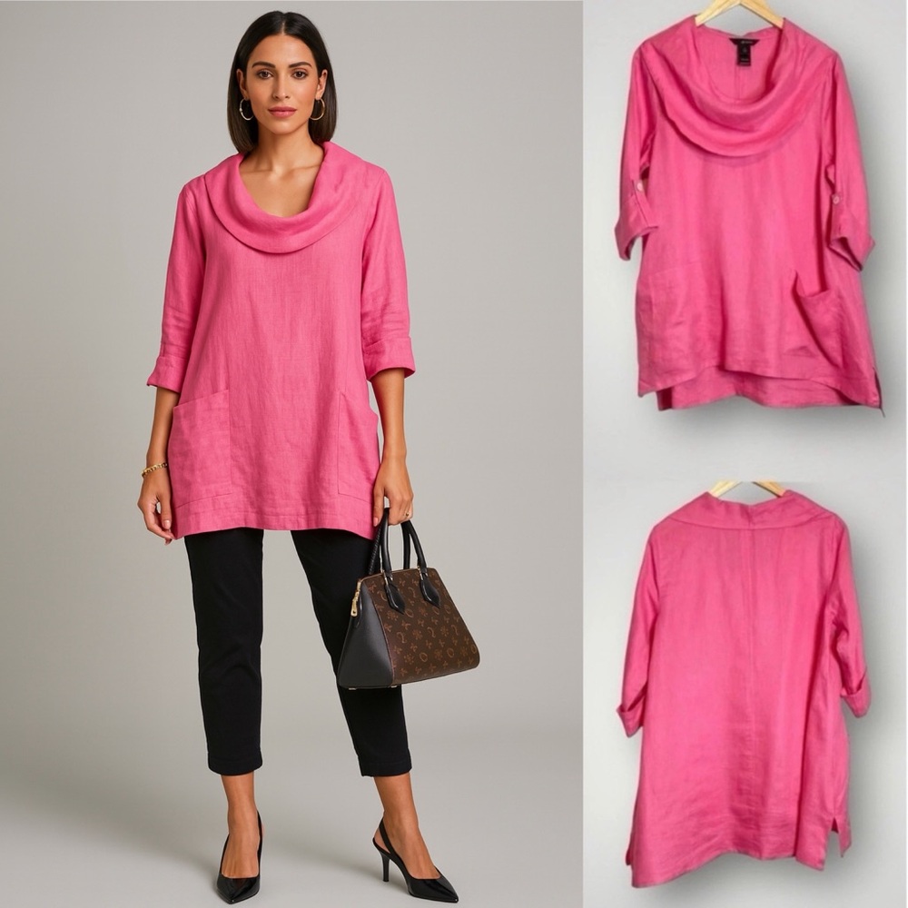 Ali Miles Cowl Neck 100% Linen Top Medium Pockets Lagenlook Roll Tab Sleeves